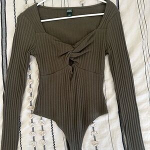 Wild fable Olive Ribbed Twist-Front Long Sleeve Bodysuit